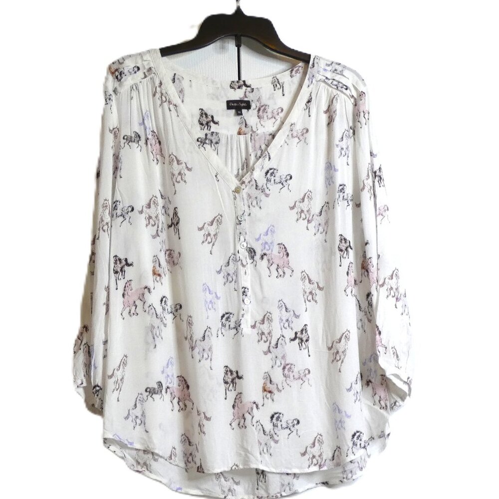 Phase 8 White Blouse Women Size 16 Horse Equestrian Designer Top 3/4 Sleeve Boho